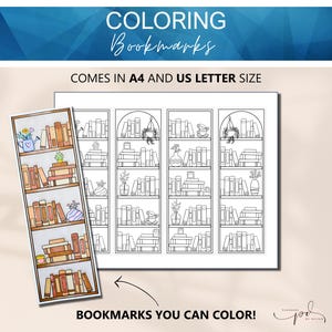 May include: Black and white printable bookmark design featuring a bookshelf with books, plants, and other decorative elements. The bookmark is available in A4 and US Letter sizes.  "BOOKMARKS YOU CAN COLOR!" text is included.