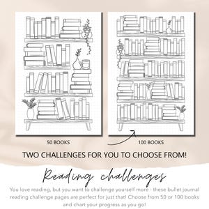 Rastreador de lectura imprimible, rastreadores de libros, registro de lectura para estantería, rastreadores de bullet journal, reto de lectura de 50 y 100 libros, plantillas de Bujo imagen 2