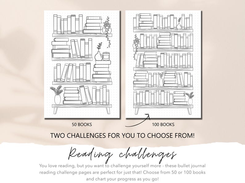 Rastreador de lectura imprimible, rastreadores de libros, registro de lectura para estantería, rastreadores de bullet journal, reto de lectura de 50 y 100 libros, plantillas de Bujo imagen 2