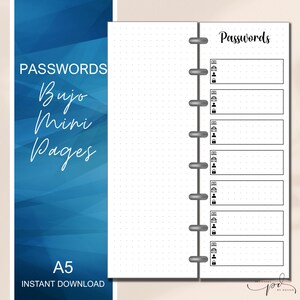 May include: Printable A5 password log page with a dotted grid background. The page has a title "Passwords" and eight rows with a lock icon and space for website and password entries.