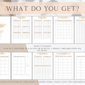 May include: A printable planner with pages for weekly planning, a week at a glance, a weekly timetable, a week in detail, and weekly assignments. The pages are beige with black lines and text.