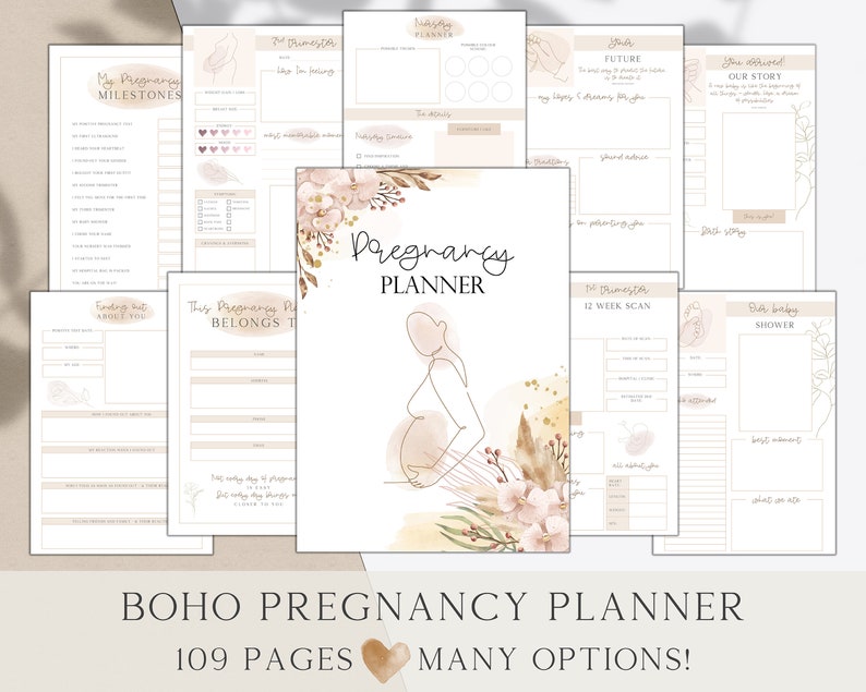 May include: A boho-style pregnancy planner with a watercolor background and floral illustrations. The planner includes sections for tracking milestones, appointments, and baby shower planning. The text "Pregnancy Planner" is featured on the cover.