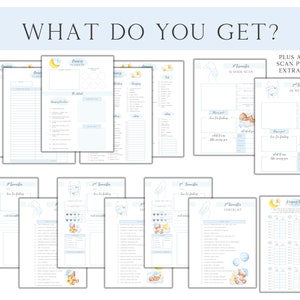 Peut inclure: Un planificateur de grossesse imprimable avec un th&egrave;me bleu et jaune. Le planificateur comprend une liste de contr&ocirc;le, un suivi hebdomadaire et un suivi des scans. Le planificateur pr&eacute;sente un adorable b&eacute;b&eacute; dessin anim&eacute; avec un motif d'&eacute;toile et de lune.