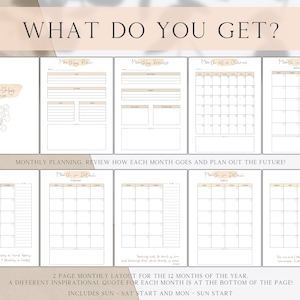 May include: A printable monthly planner with a simple design. The planner includes a monthly overview, a detailed monthly calendar, and a section for monthly goals and reviews. The planner is designed to help you plan and track your progress throughout the year.