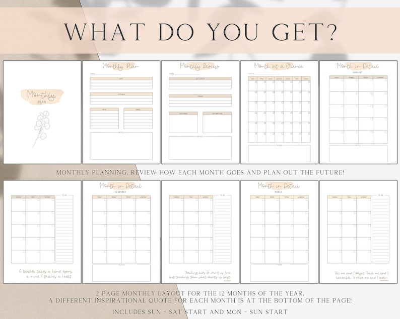 May include: A printable monthly planner with a simple design. The planner includes a monthly overview, a detailed monthly calendar, and a section for monthly goals and reviews. The planner is designed to help you plan and track your progress throughout the year.