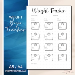 May include: A white weight tracker printable with a blue background. The tracker includes sections for start, goal, and end weights, with space for dates and how you feel. The text "Weight Bujo Tracker" is at the top.