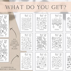 Puede incluir: Un conjunto de 12 dise&ntilde;os de rastreador de estado de &aacute;nimo imprimibles. Cada dise&ntilde;o presenta un patr&oacute;n diferente con una variedad de ilustraciones lindas. El texto "WHAT DO YOU GET?" est&aacute; en la parte superior de la imagen. El texto "ALL PAGES COME IN DOT GRID AND PLAIN!" est&aacute; en el medio de la imagen. El texto "12 INDIVIDUAL MONTHLY DESIGNS" est&aacute; en la parte inferior de la imagen.