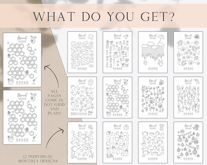 Puede incluir: Un conjunto de 12 dise&ntilde;os de rastreador de estado de &aacute;nimo imprimibles. Cada dise&ntilde;o presenta un patr&oacute;n diferente con una variedad de ilustraciones lindas. El texto "WHAT DO YOU GET?" est&aacute; en la parte superior de la imagen. El texto "ALL PAGES COME IN DOT GRID AND PLAIN!" est&aacute; en el medio de la imagen. El texto "12 INDIVIDUAL MONTHLY DESIGNS" est&aacute; en la parte inferior de la imagen.