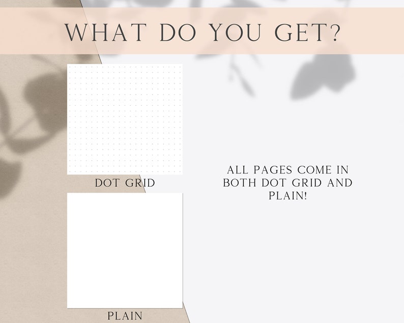 Puede incluir: Un gr&aacute;fico que muestra dos cuadrados blancos, uno con un patr&oacute;n de cuadr&iacute;cula punteada y el otro en blanco. El texto "DOT GRID" est&aacute; debajo del primer cuadrado y "PLAIN" est&aacute; debajo del segundo cuadrado. El texto "WHAT DO YOU GET?" est&aacute; en la parte superior de la imagen. El texto "ALL PAGES COME IN BOTH DOT GRID AND PLAIN!" est&aacute; en el lado derecho de la imagen.