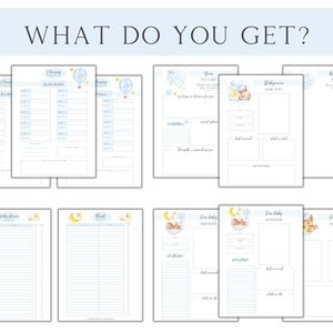 Peut inclure: Un planificateur de baby shower imprimable avec un th&egrave;me bleu et blanc. Le planificateur comprend des pages pour les listes d'invit&eacute;s, le suivi des cadeaux et une liste de contr&ocirc;le pour la f&ecirc;te. Les pages sont d&eacute;cor&eacute;es d'illustrations de montgolfi&egrave;res, d'&eacute;toiles et de nuages.