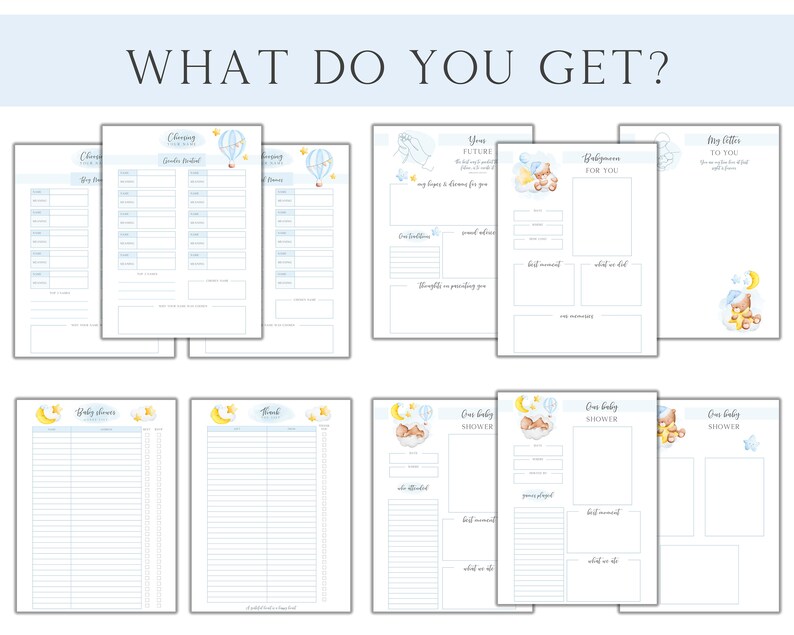Peut inclure: Un planificateur de baby shower imprimable avec un th&egrave;me bleu et blanc. Le planificateur comprend des pages pour les listes d'invit&eacute;s, le suivi des cadeaux et une liste de contr&ocirc;le pour la f&ecirc;te. Les pages sont d&eacute;cor&eacute;es d'illustrations de montgolfi&egrave;res, d'&eacute;toiles et de nuages.