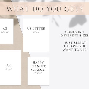 Puede incluir: Un gr&aacute;fico que muestra cuatro tama&ntilde;os de papel diferentes, incluyendo A5, US Letter, A4 y Happy Planner Classic. El texto "COMES IN 4 DIFFERENT SIZES. JUST SELECT THE ONE YOU WANT TO USE!" tambi&eacute;n est&aacute; incluido.