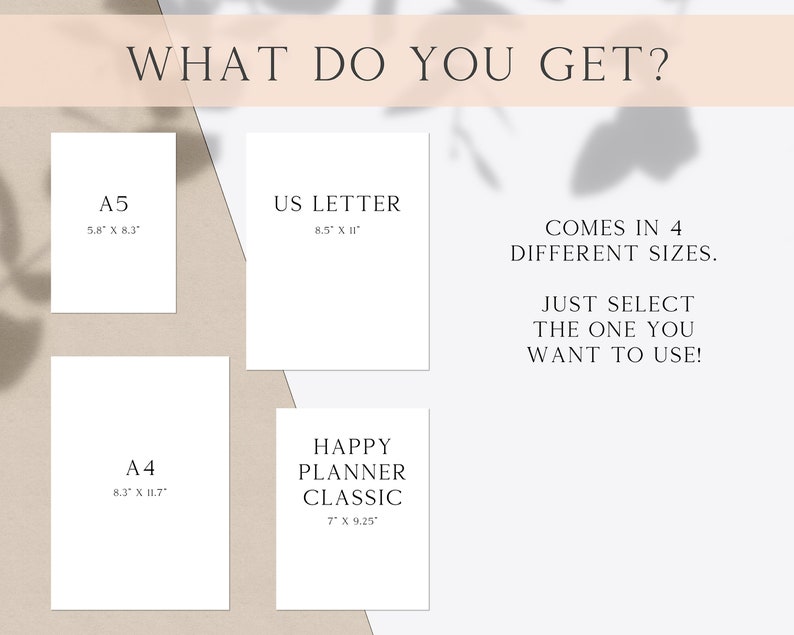 Puede incluir: Un gr&aacute;fico que muestra cuatro tama&ntilde;os de papel diferentes, incluyendo A5, US Letter, A4 y Happy Planner Classic. El texto "COMES IN 4 DIFFERENT SIZES. JUST SELECT THE ONE YOU WANT TO USE!" tambi&eacute;n est&aacute; incluido.