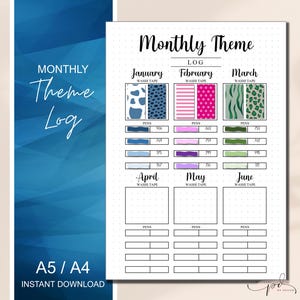 May include: Printable monthly theme log planner with sections for each month of the year.  Each section includes space to list washi tape and pens used for each month.