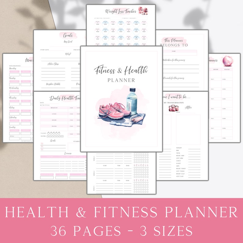 Pink Weight Loss Planner, Printable Health and Fitness Journal, Weight and Health Tracker, Diet Meal Planner, Workout and Exercise Trackers image 1