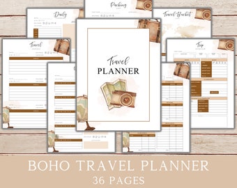 Boho Printable Travel Planner, Vacation Planner Printable, Travel Bucket List, Holiday Itinerary, Packing Checklist, Travel Journal