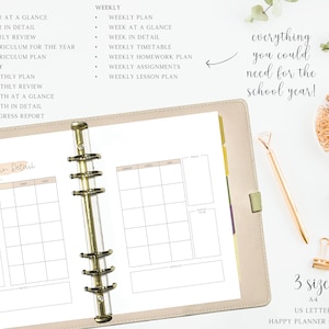 May include: A close-up of a beige binder with gold rings. The binder has a white page with the text "Week in Detail" written in black. The binder is open to a page with a grid layout. The text "3 sizes: A4 US LETTER HAPPY PLANNER CLASSIC" is written in black on a white background.