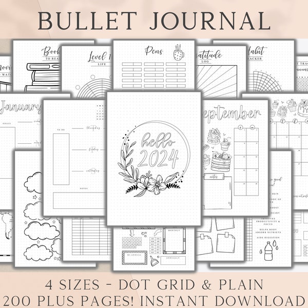 Lot imprimable Bullet Journal, articles à imprimer pour le Bullet Journal, modèle Bujo Premade 2024, pages de Bullet Journal, trackers Bujo, pages hebdomadaires