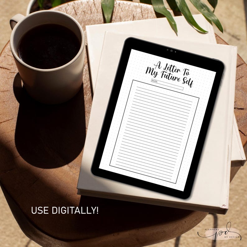 Pu&ograve; includere: Una pagina di pianificatore digitale stampabile con il testo "A Letter To My Future Self" e una riga per la data. La pagina &egrave; progettata per scrivere una lettera al tuo futuro io.