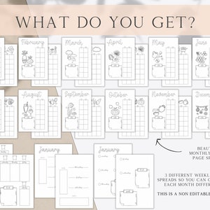 May include: A printable set of 12 monthly calendar pages with a different seasonal illustration for each month. The calendar pages are designed for bullet journaling and include a weekly planner section. The text "WHAT DO YOU GET?" is at the top of the image. The text "BEAUTIFUL MONTHLY DOUBLE PAGE SPREADS!" is at the bottom of the image. The text "3 DIFFERENT WEEKLY PLAN SPREADS SO YOU CAN CUSTOMIZE EACH MONTH DIFFERENTLY!" is at the bottom of the image. The text "THIS IS A NON EDITABLE PRODUCT" is at the bottom of the image.
