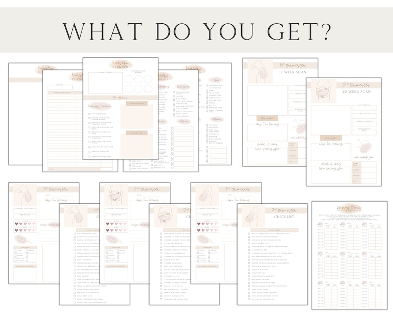 May include: Printable pregnancy planner with checklists, trackers, and scan information for each trimester. The planner includes sections for 12-week and 20-week scans, a checklist, and a weekly tracker.
