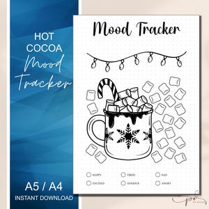 Può includere: Un tracker di umore stampabile con un'illustrazione in bianco e nero di una tazza di cioccolata calda con marshmallow e una canna di zucchero. Il testo "Mood Tracker" è in cima alla pagina. Il testo "HOT COCOA Mood Tracker" è nell'angolo in alto a sinistra. Il testo "A5/A4 INSTANT DOWNLOAD" è nell'angolo in basso a sinistra. Ci sono caselle di controllo per "Felice", "Eccitato", "Stanco", "Ansioso", "Triste" e "Arrabbiato".