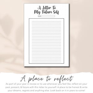 Pu&ograve; includere: Un foglio di lavoro stampabile con uno sfondo punteggiato e il testo "A Letter To My Future Self" in alto. Il foglio di lavoro ha una riga per la data e uno spazio rigato per scrivere una lettera al proprio futuro s&eacute;. Il testo "A place to reflect" &egrave; in fondo alla pagina con istruzioni per l'utilizzo del foglio di lavoro.