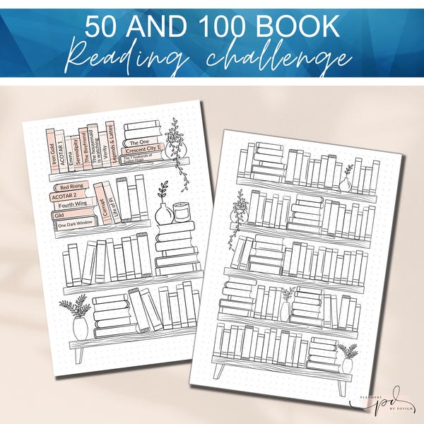 Printable Reading Tracker, Book Trackers, Bookshelf Reading Log, Bullet Journal Trackers, Reading Challenge 50 & 100 Books, Bujo Templates