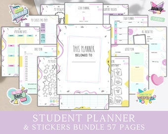 Printable Student Planner and Stickers Bundle, Teenage Academic Productivity Planner, Kid's High School & Self Care Diary, Fun Teen Stickers