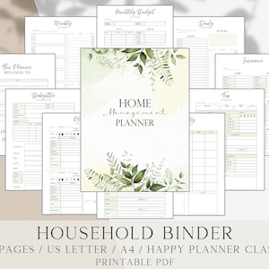 Puede incluir: Un planificador de gestión del hogar en formato de carpeta con 126 páginas. La portada presenta un diseño de acuarela con hojas verdes y el texto "HOME Management PLANNER".