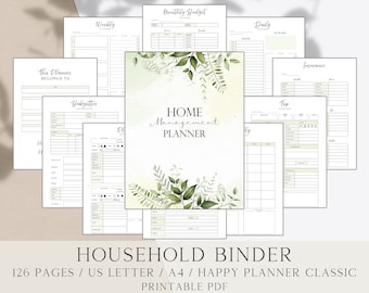 May include: A printable home management planner binder with 126 pages. The cover features a watercolor design of green leaves and the text "HOME Management PLANNER".