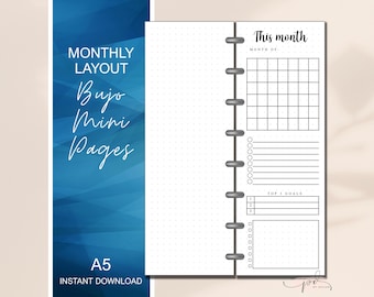 MINI Monatsplaner, druckbarer A5 Personal Planer, Month To Do, Monatsziele, Monatskalender, druckbare Journalseite, Uni oder Dot Grid