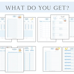 Peut inclure: Un ensemble de suivi de b&eacute;b&eacute; imprimable avec des illustrations bleues et blanches. L'ensemble comprend des suivis pour le poids, le sommeil, les nourrissages, les changes de couches, la croissance, et plus encore. Le texte "What Do You Get?" est en haut de l'image.