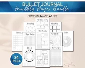 May include: A set of 34 printable bullet journal pages in black and white. The pages include monthly goals, monthly overview, habit tracker, mood tracker, sleep log, gratitude log, exercise tracker, and steps tracker. The pages are designed for A4 and A5 sizes.