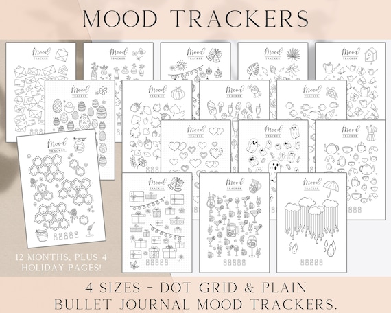 Mood Tracker Bundle, Monthly Mood Trackers, Printable Bullet Journal Trackers, Bullet Journal Inserts, Bujo Templates A5, A4, US Letter, HPC