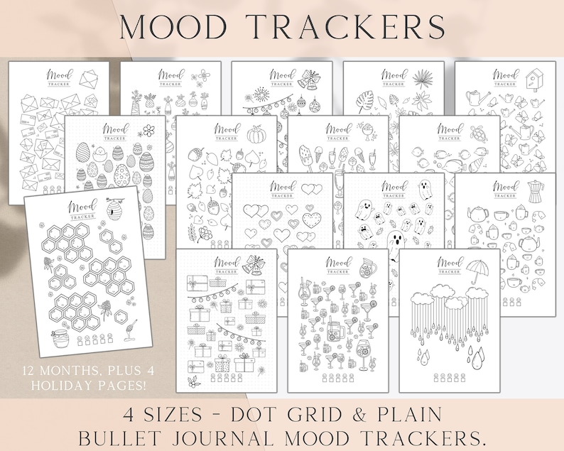 Puede incluir: Un conjunto de 12 rastreadores de estado de &aacute;nimo imprimibles para bullet journaling. Cada rastreador presenta un tema diferente, como abejas, corazones y calabazas. Los rastreadores est&aacute;n disponibles en cuatro tama&ntilde;os y se pueden imprimir en papel de cuadr&iacute;cula de puntos o liso. &iexcl;12 meses, m&aacute;s 4 p&aacute;ginas de vacaciones!