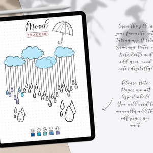Puede incluir: Un rastreador de humor imprimible con un lindo tema de d&iacute;a lluvioso. El rastreador presenta nubes con gotas de lluvia que cuelgan de ellas. El texto "Mood Tracker" est&aacute; en la parte superior de la p&aacute;gina. La p&aacute;gina est&aacute; dise&ntilde;ada para ser utilizada con una aplicaci&oacute;n de toma de notas digital.