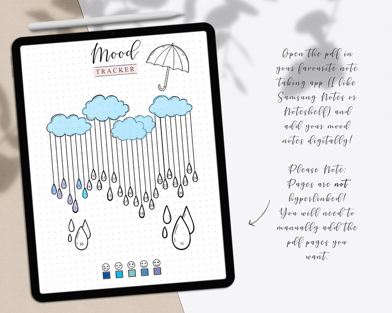 Puede incluir: Un rastreador de humor imprimible con un lindo tema de d&iacute;a lluvioso. El rastreador presenta nubes con gotas de lluvia que cuelgan de ellas. El texto "Mood Tracker" est&aacute; en la parte superior de la p&aacute;gina. La p&aacute;gina est&aacute; dise&ntilde;ada para ser utilizada con una aplicaci&oacute;n de toma de notas digital.