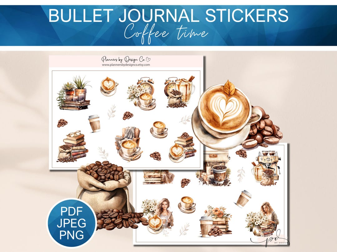 Printable Coffee Art Planner Sticker Set, Coffee Theme Journal Stickers ...