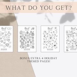 Puede incluir: Cuatro p&aacute;ginas de seguimiento del estado de &aacute;nimo imprimibles con diferentes temas festivos. Las p&aacute;ginas presentan corazones, huevos de Pascua, fantasmas y regalos. El texto "WHAT DO YOU GET?" est&aacute; en la parte superior de la imagen. El texto "BONUS EXTRA 4 HOLIDAY THEMED PAGES!" est&aacute; en la parte inferior de la imagen.
