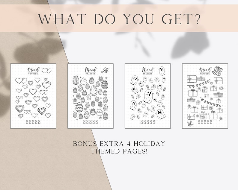 Puede incluir: Cuatro p&aacute;ginas de seguimiento del estado de &aacute;nimo imprimibles con diferentes temas festivos. Las p&aacute;ginas presentan corazones, huevos de Pascua, fantasmas y regalos. El texto "WHAT DO YOU GET?" est&aacute; en la parte superior de la imagen. El texto "BONUS EXTRA 4 HOLIDAY THEMED PAGES!" est&aacute; en la parte inferior de la imagen.