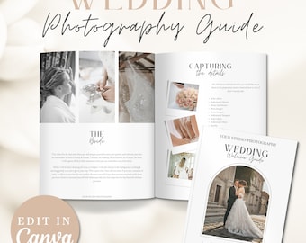 May include: A wedding photography guide with a white cover and a gold arch design. The cover features a photo of a bride and groom in front of a building. The text on the cover reads "Your Studio Photography Wedding Welcome Guide" and "Love, laughter, and happily ever after".