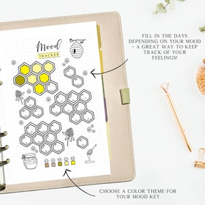 Puede incluir: Un rastreador de estado de &aacute;nimo imprimible con un dise&ntilde;o de panal. El rastreador tiene una clave con diferentes tonos de amarillo para representar diferentes estados de &aacute;nimo. El texto "Mood Tracker" est&aacute; en la parte superior de la p&aacute;gina. El texto "Rellena los d&iacute;as dependiendo de tu estado de &aacute;nimo - &iexcl;Una gran manera de llevar un registro de tus sentimientos!" est&aacute; en la parte superior derecha de la p&aacute;gina. El texto "Elige un tema de color para tu clave de estado de &aacute;nimo" est&aacute; en la parte inferior de la p&aacute;gina.