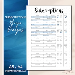 May include: A printable subscription tracker page with a blue and white color scheme. The page is designed for use in a bullet journal and includes sections for name, username, password, due date, amount, frequency, and auto renew. The page is labeled "Subscriptions Bujo Pages" and "A5/A4 Instant Download".