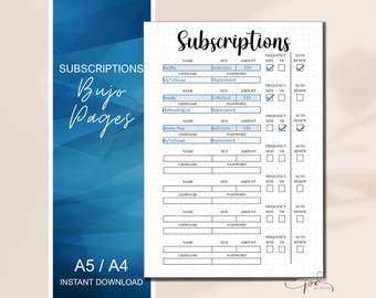 Printable Subscriptions Tracker, Bujo Expenses Log, Account Details Log, Bullet Journal Page, Monthly Budget Planner Templates