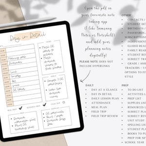 May include: A printable digital planner page with the title "Day in Detail" and a daily schedule for planning activities. The page includes sections for tasks, goals, meal prep, resource prep, field trip, and prep. The page also includes a note to open the PDF in a note-taking app like Samsung Notes or Noteshelf.