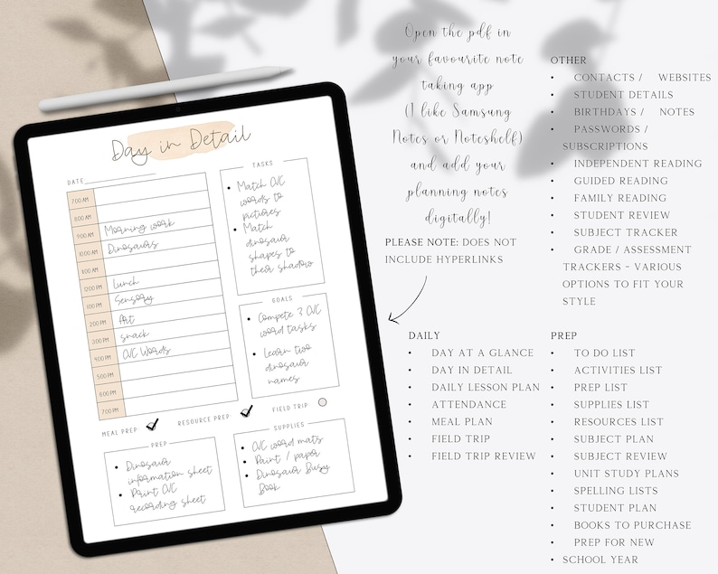 May include: A printable digital planner page with the title "Day in Detail" and a daily schedule for planning activities. The page includes sections for tasks, goals, meal prep, resource prep, field trip, and prep. The page also includes a note to open the PDF in a note-taking app like Samsung Notes or Noteshelf.