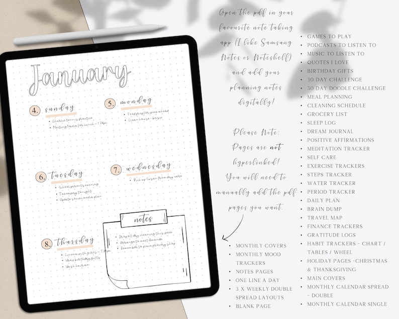 May include: A digital planner for January with a white background and black text. The planner includes daily, weekly, and monthly pages for tracking goals, appointments, and other important information. The planner also includes a variety of trackers, such as a sleep log, dream journal, and exercise tracker.