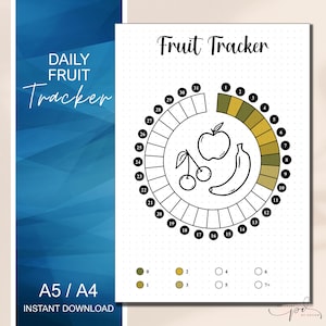 Puede incluir: Seguimiento diario de frutas imprimible con un círculo dividido en 31 secciones. Las secciones están numeradas del 1 al 31. Hay ilustraciones de una manzana, un plátano y cerezas en el centro del círculo. El texto "Fruit Tracker" está en la parte superior de la página. El texto "Daily Fruit Tracker" está en la parte superior izquierda de la página. El texto "A5/A4 Descarga instantánea" está en la parte inferior izquierda de la página.