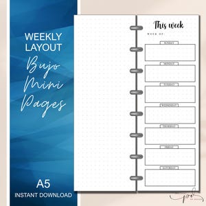 May include: A printable A5 weekly planner page with a dotted grid background. The page is divided into seven sections for each day of the week, with the days of the week labelled at the top of each section. The page is titled "This week" and has a space for the week number.